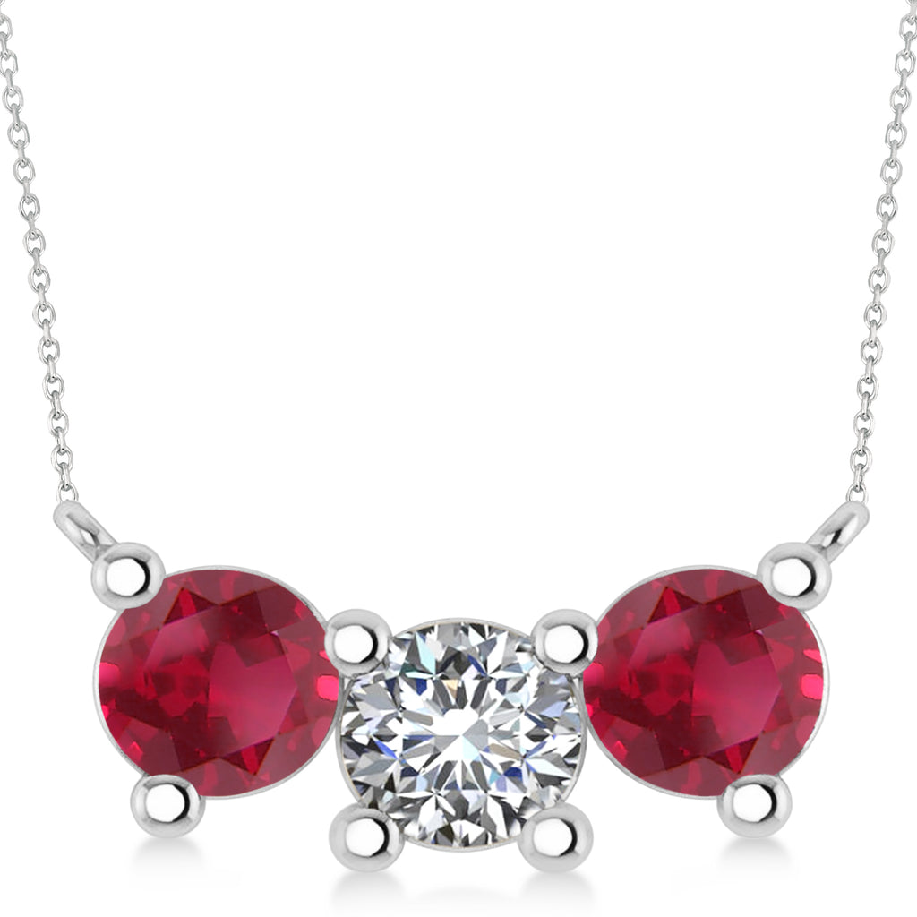 Three Stone Diamond &amp; Ruby Pendant Necklace 14k White Gold (3.00ct)