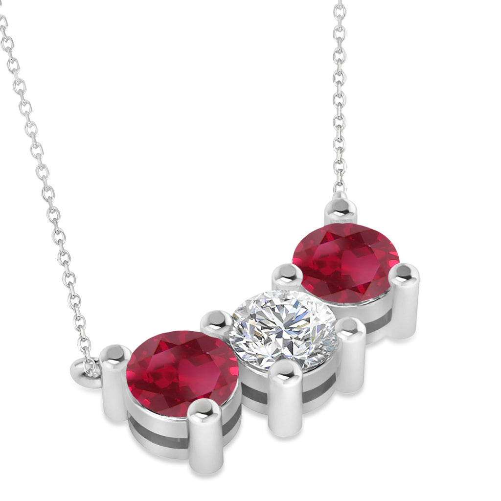 Three Stone Diamond &amp; Ruby Pendant Necklace 14k White Gold (3.00ct)