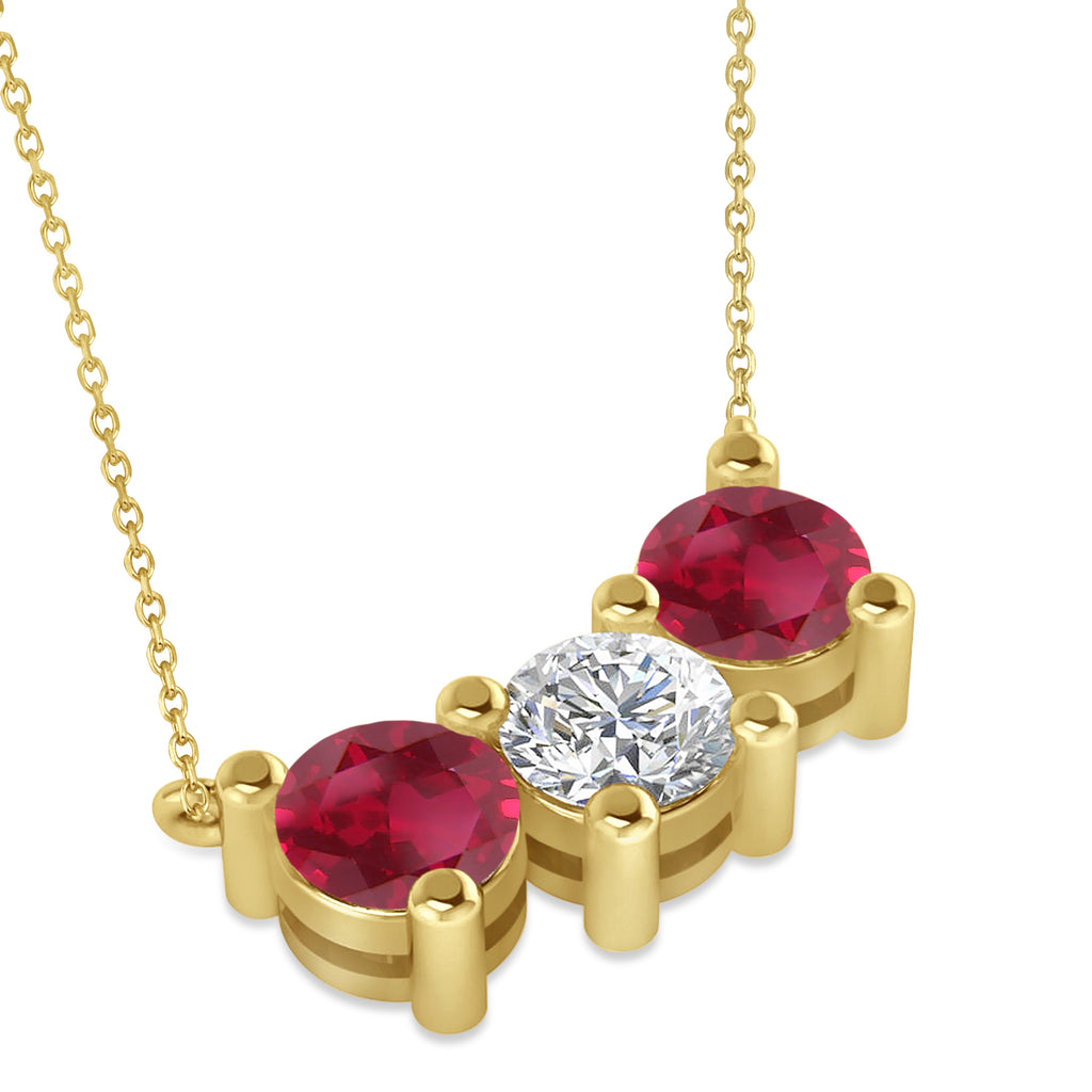 Three Stone Diamond & Ruby Pendant Necklace 14k Yellow Gold (3.00ct)