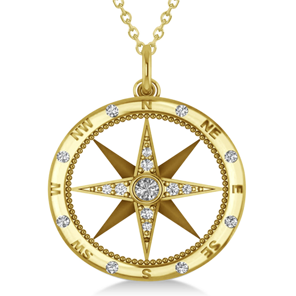 Compass Necklace Pendant For Men Diamond Accented 14k Yellow Gold (0.45ct)