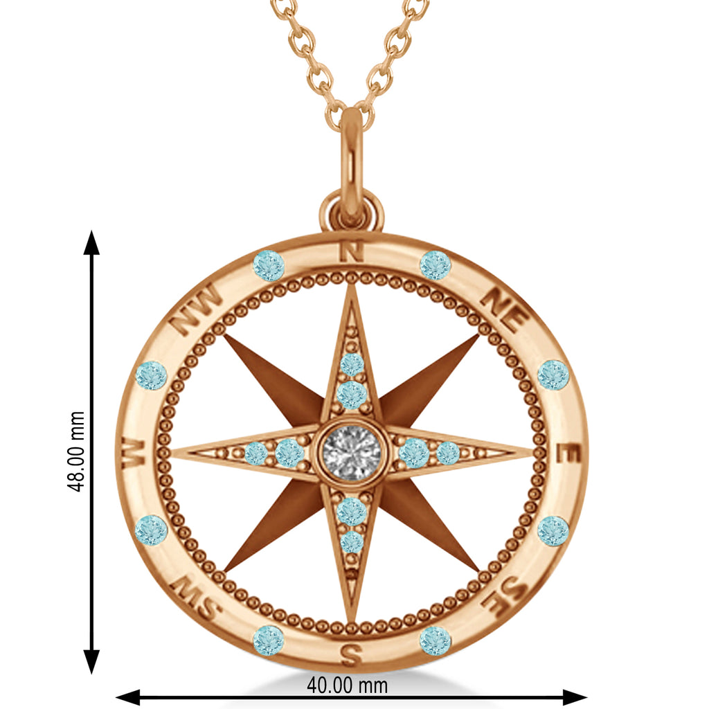 Extra Large Compass Pendant For Men Aquamarine & Diamond Accented 14k Rose Gold (0.45ct)