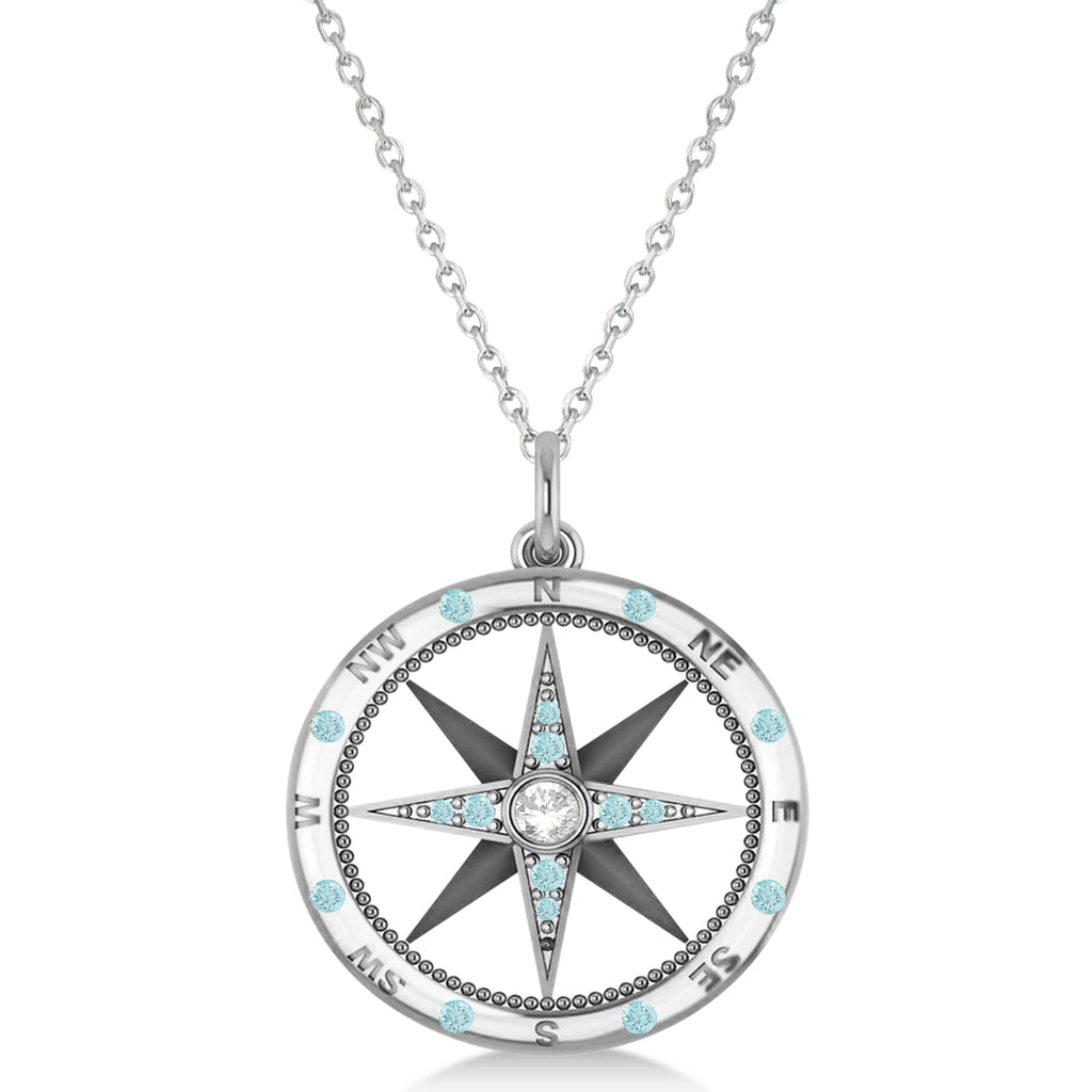 Compass Pendant For Men Aquamarine & Diamond Accented 14k White Gold (0.45ct)