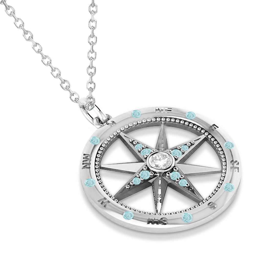 Compass Pendant For Men Aquamarine & Diamond Accented 14k White Gold (0.45ct)