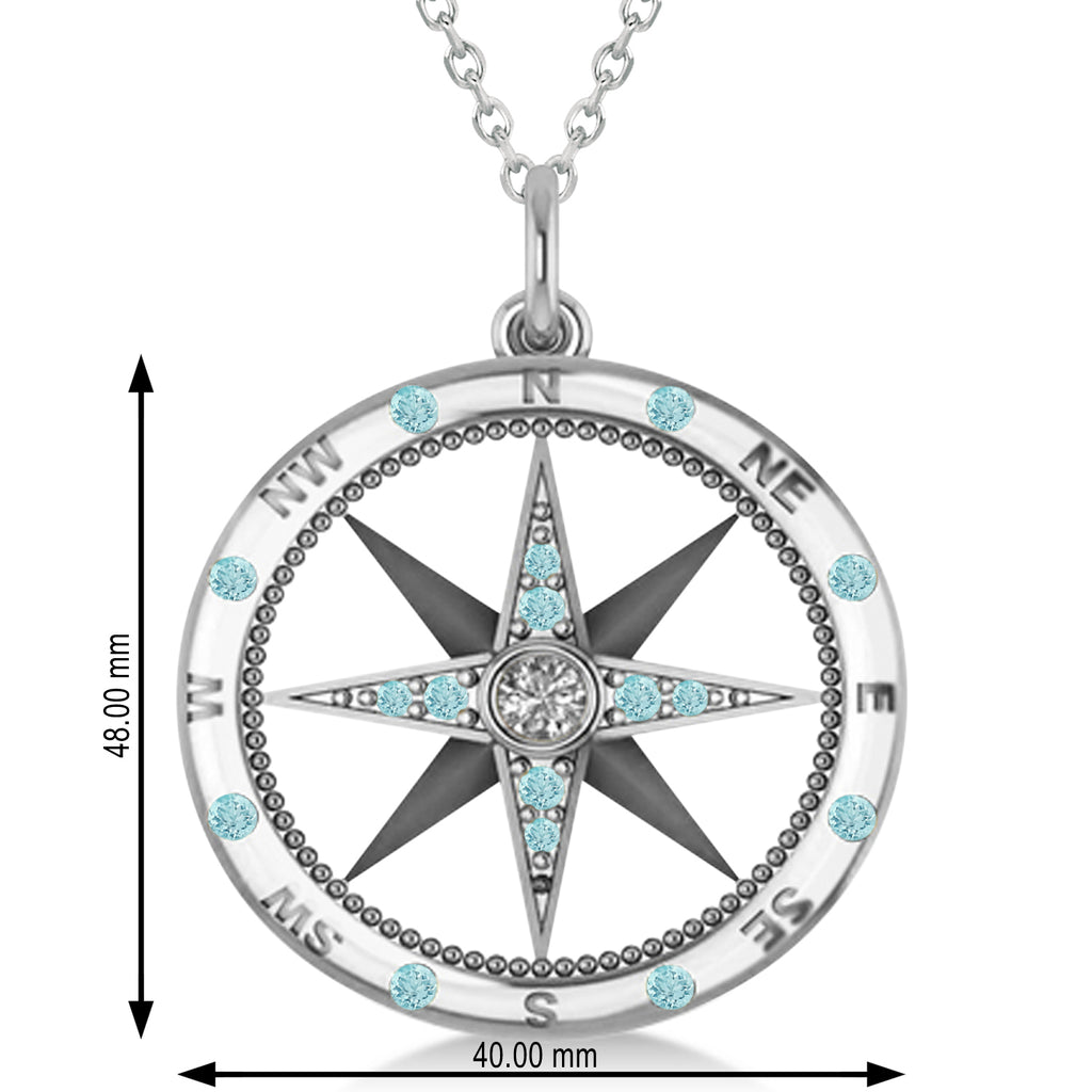Compass Pendant For Men Aquamarine & Diamond Accented 14k White Gold (0.45ct)