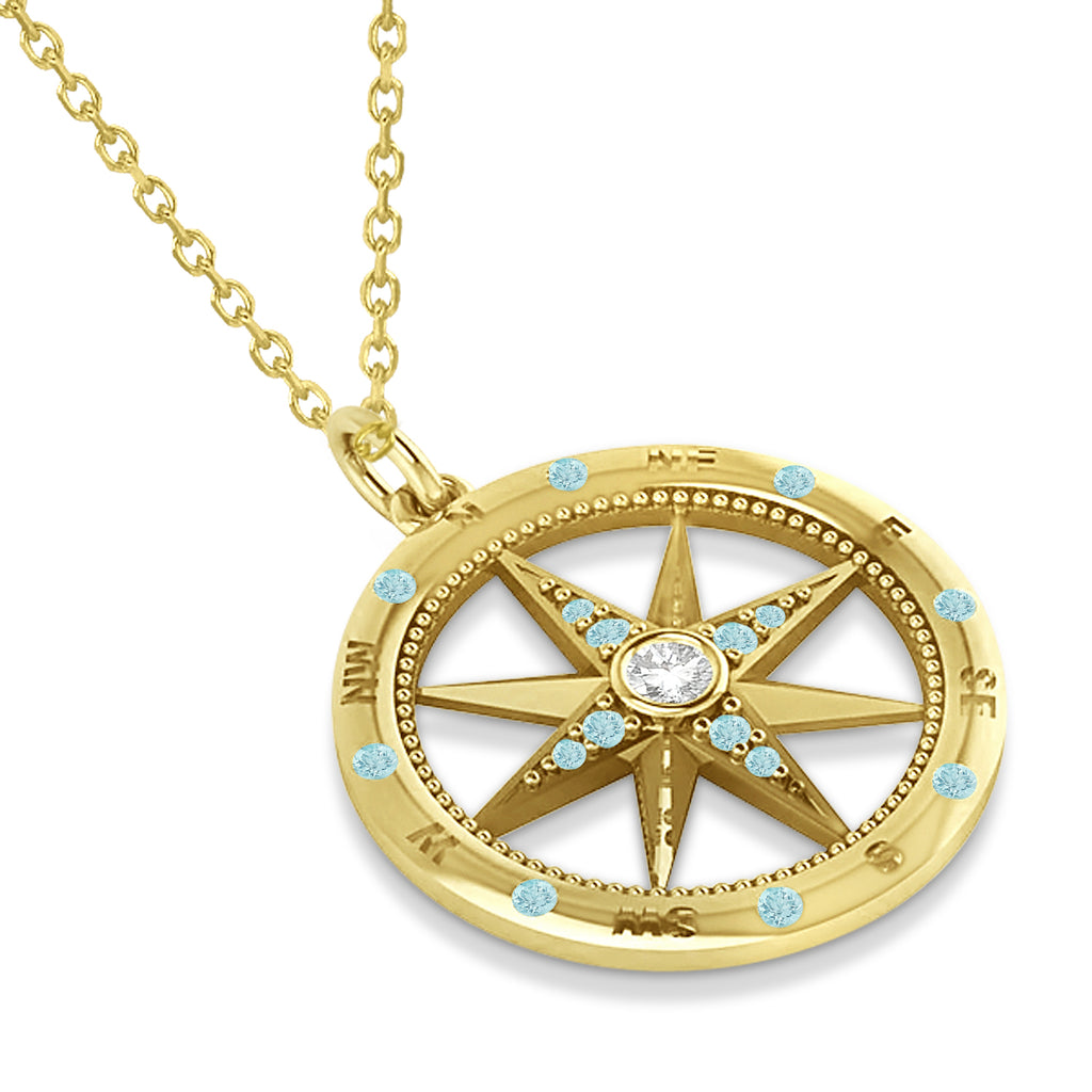 Compass Pendant For Men Aquamarine & Diamond Accented 14k Yellow Gold (0.45ct)
