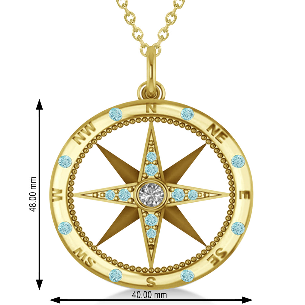 Compass Pendant For Men Aquamarine & Diamond Accented 14k Yellow Gold (0.45ct)