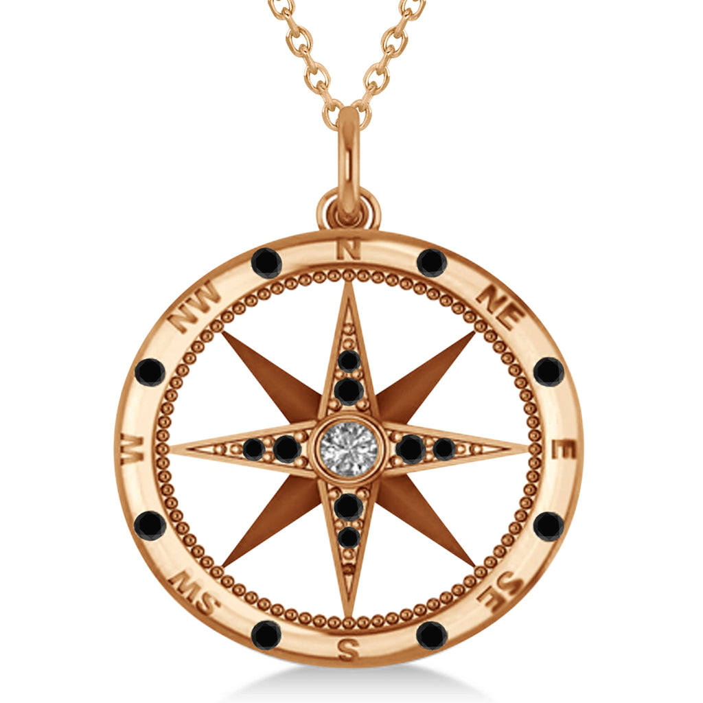 Compass Pendant For Men Black & White Diamond Accented 14k Rose Gold (0.45ct)