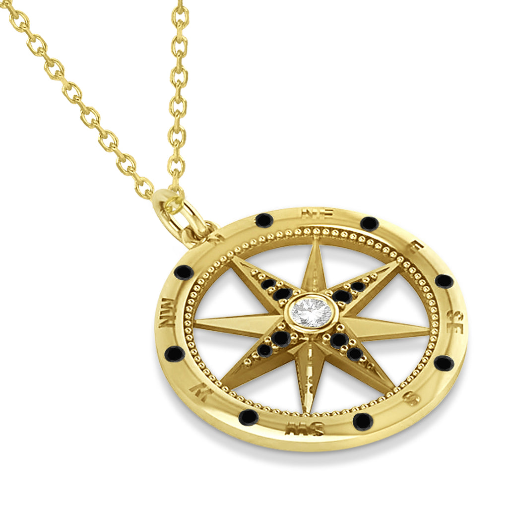 Compass Pendant For Men Black & White Diamond Accented 14k Yellow Gold (0.45ct)