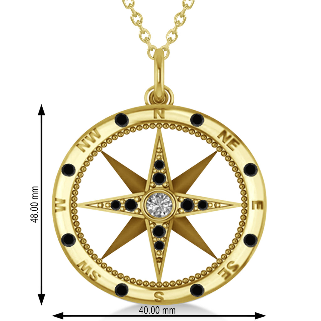Compass Pendant For Men Black & White Diamond Accented 14k Yellow Gold (0.45ct)