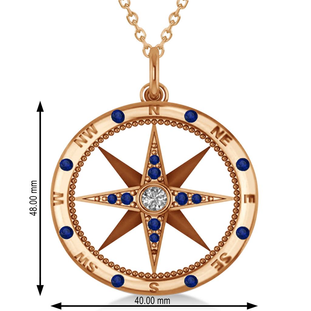Extra Large Compass Pendant For Men Blue Sapphire & Diamond Accented 14k Rose Gold (0.45ct)