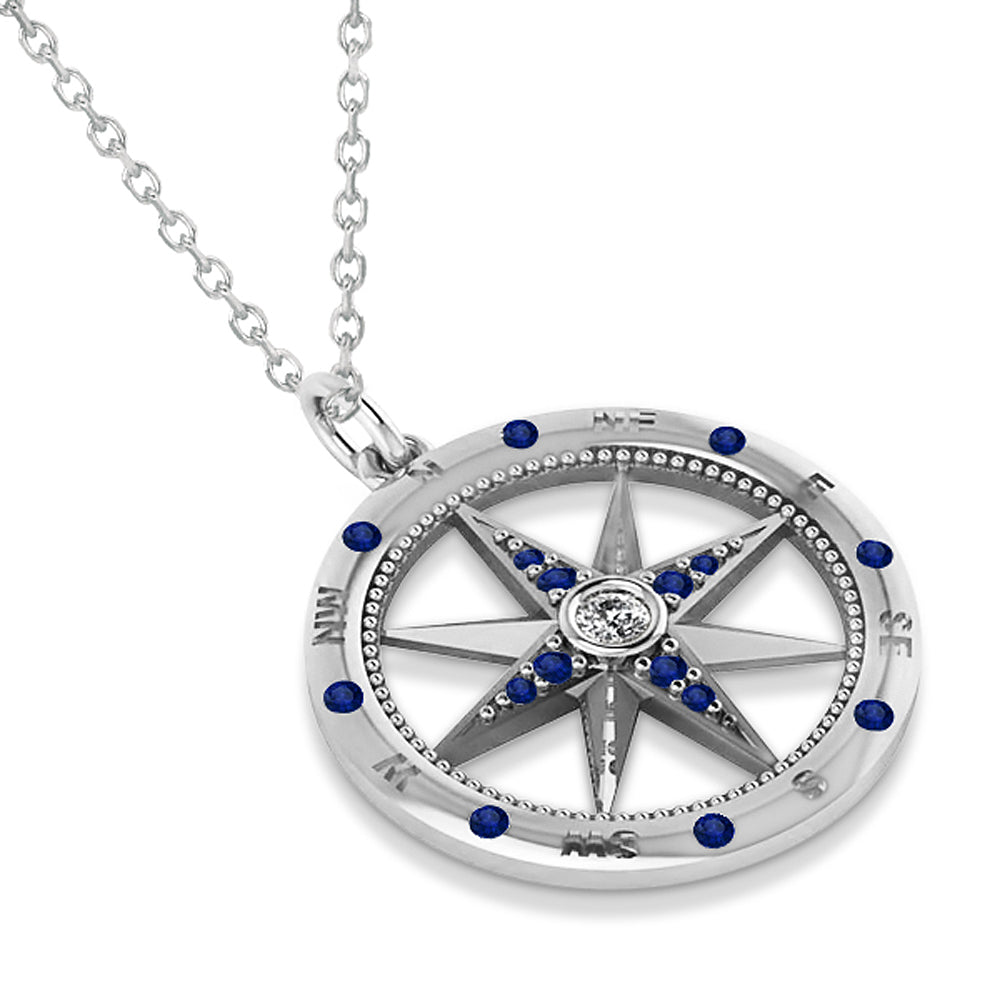 Compass Pendant For Men Blue Sapphire & Diamond Accented 14k White Gold (0.45ct)