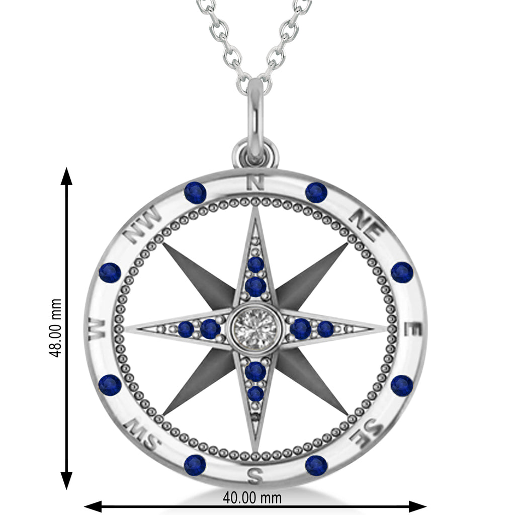 Compass Pendant For Men Blue Sapphire & Diamond Accented 14k White Gold (0.45ct)