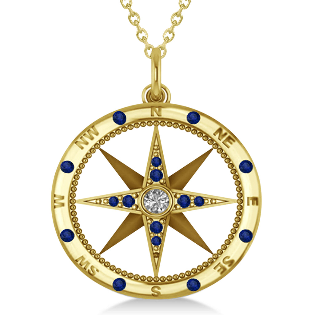 Compass Pendant For Men Blue Sapphire & Diamond Accented 14k Yellow Gold (0.45ct)