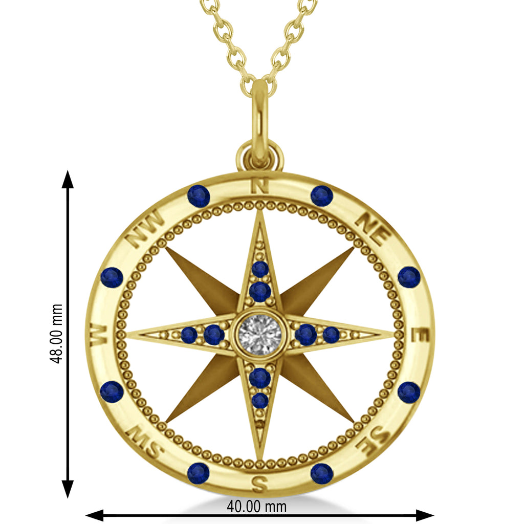 Compass Pendant For Men Blue Sapphire & Diamond Accented 14k Yellow Gold (0.45ct)