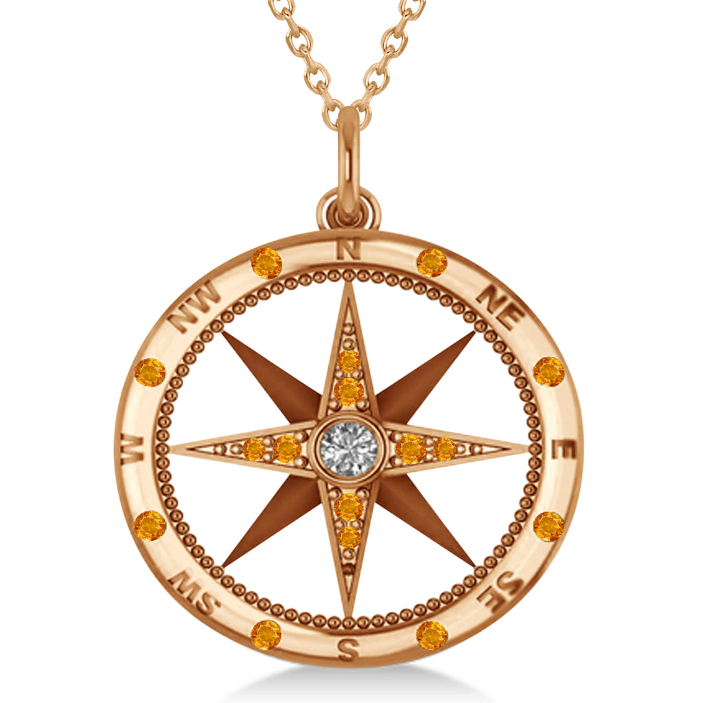 Compass Pendant For Men Citrine & Diamond Accented 14k Rose Gold (0.45ct)
