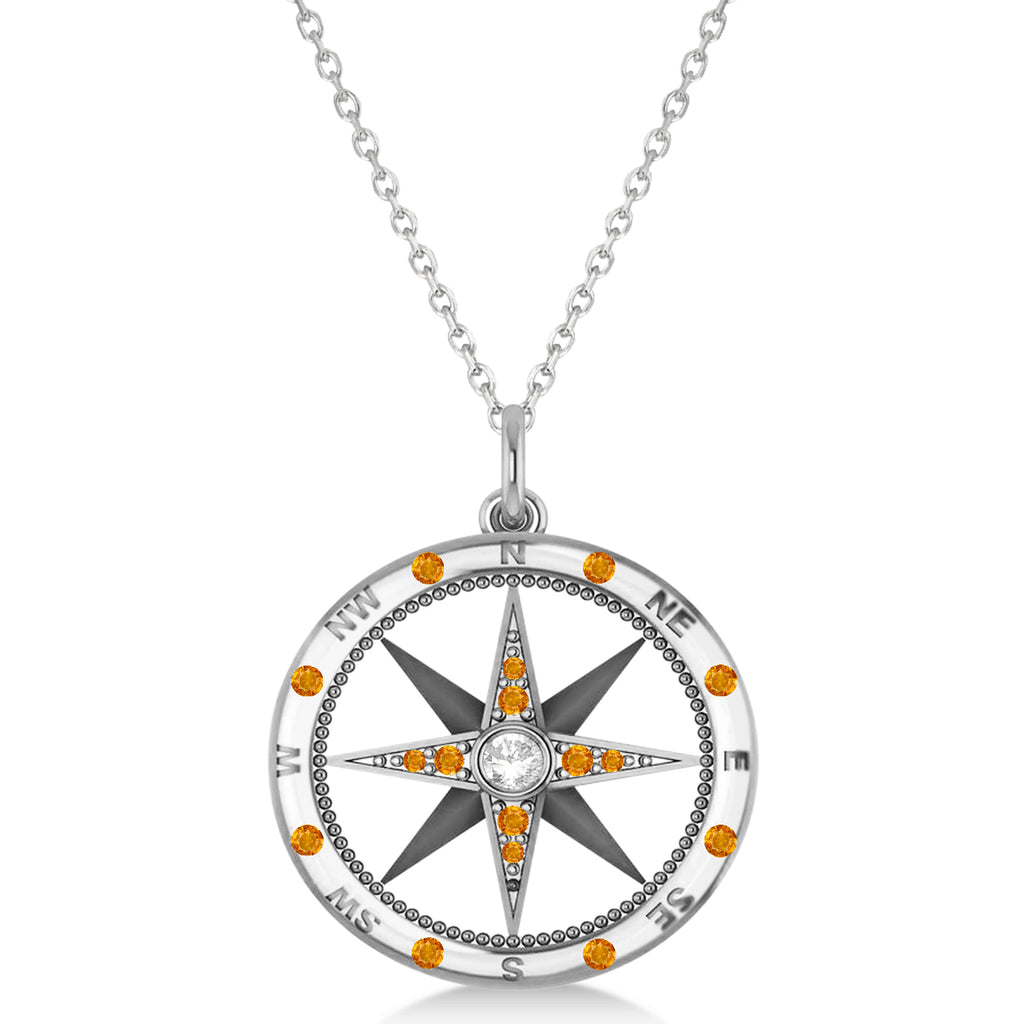 Compass Pendant For Men Citrine & Diamond Accented 14k White Gold (0.45ct)