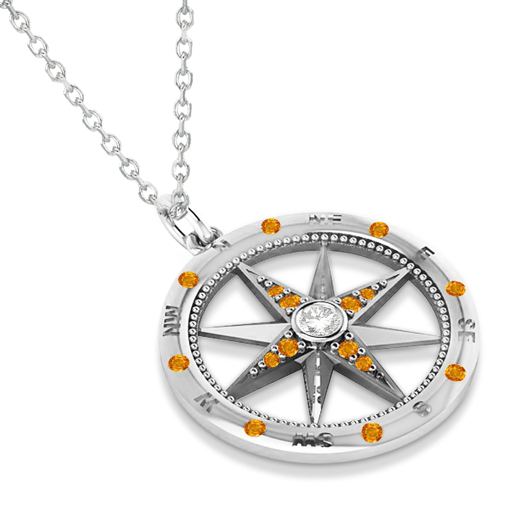 Compass Pendant For Men Citrine & Diamond Accented 14k White Gold (0.45ct)