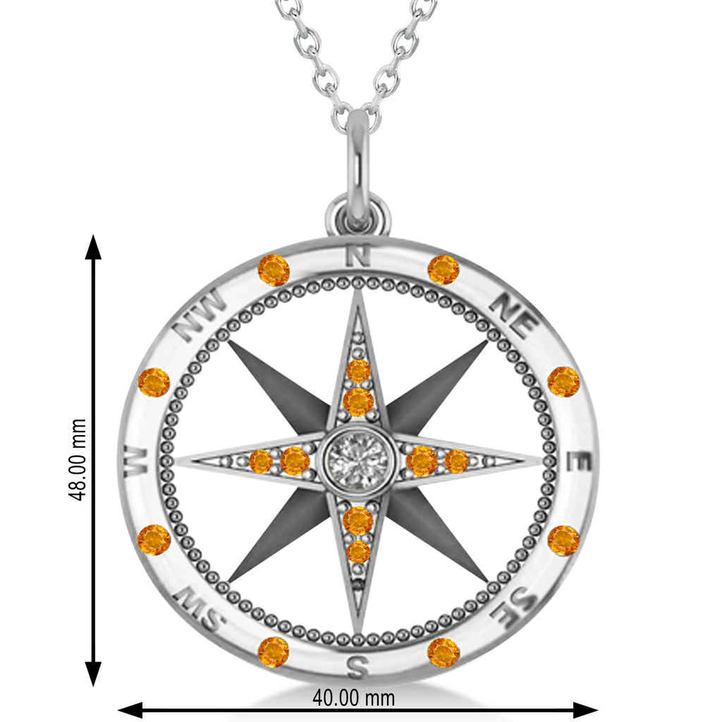 Compass Pendant For Men Citrine & Diamond Accented 14k White Gold (0.45ct)