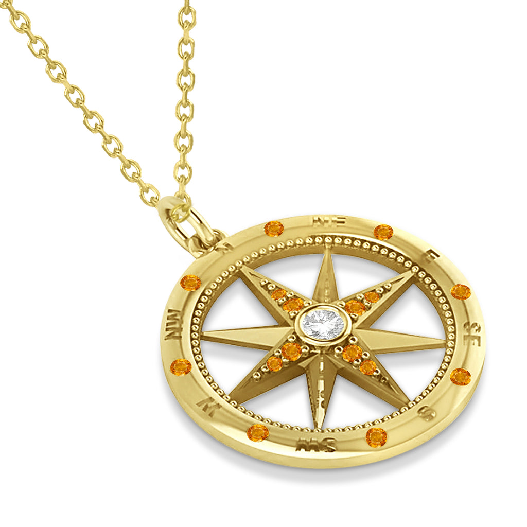 Compass Pendant For Men Citrine & Diamond Accented 14k Yellow Gold (0.45ct)