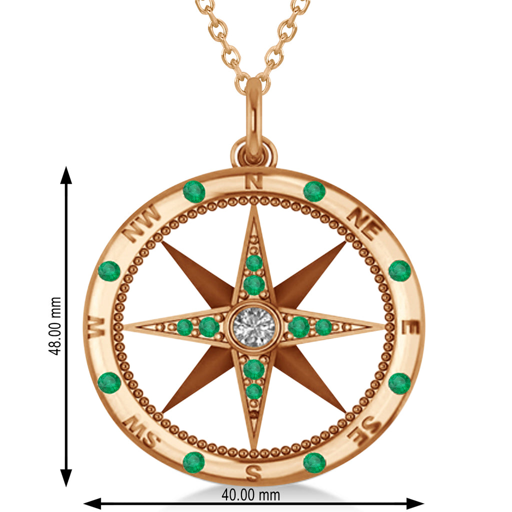 Extra Large Compass Pendant For Men Emerald & Diamond Accented 14k Rose Gold (0.45ct)