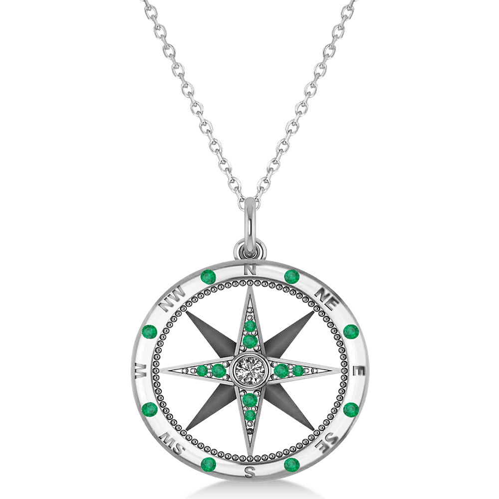 Compass Pendant For Men Emerald & Diamond Accented 14k White Gold (0.45ct)