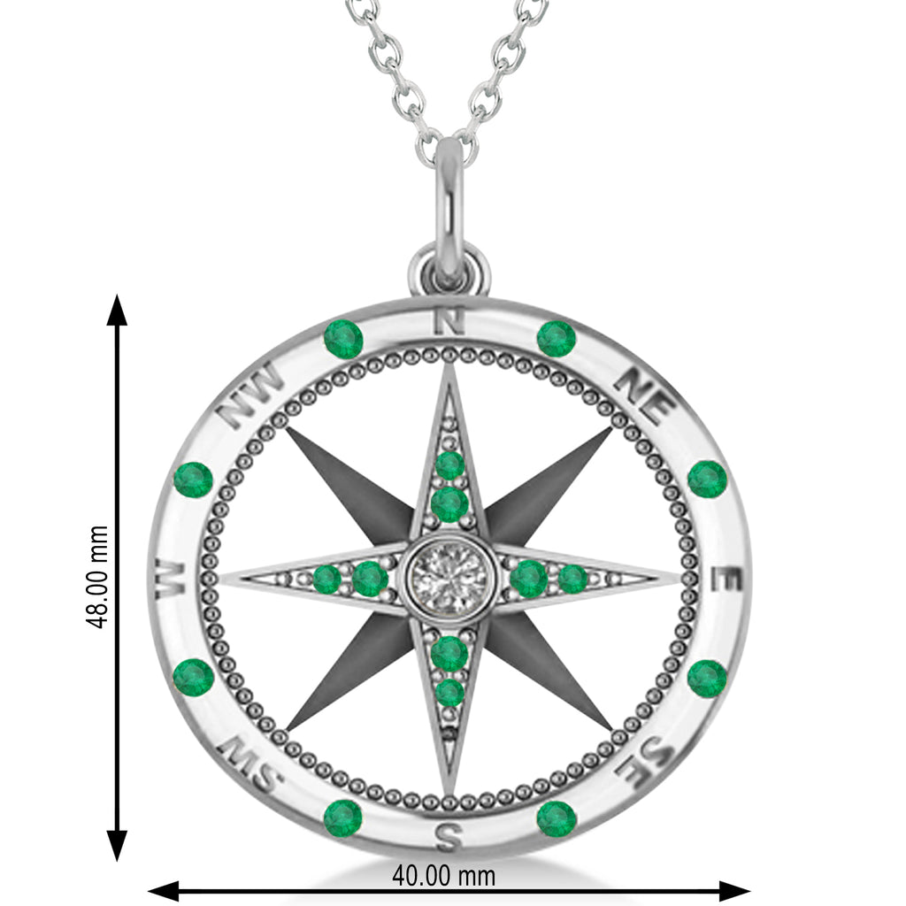 Compass Pendant For Men Emerald & Diamond Accented 14k White Gold (0.45ct)
