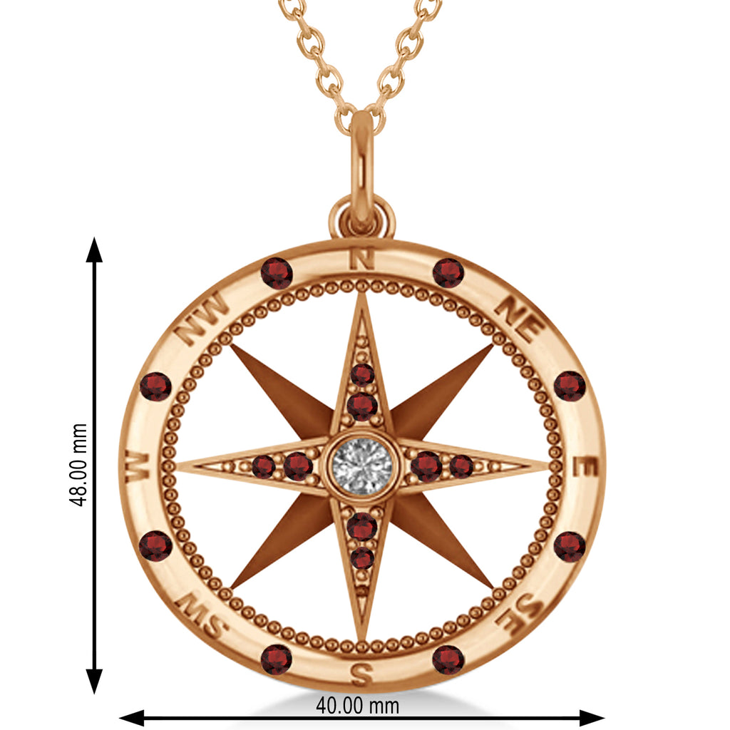 Extra Large Compass Pendant For Men Garnet & Diamond Accented 14k Rose Gold (0.45ct)