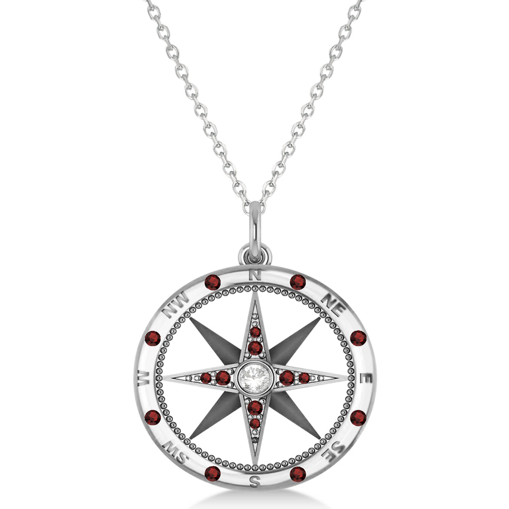 Compass Pendant For Men Garnet & Diamond Accented 14k White Gold (0.45ct)