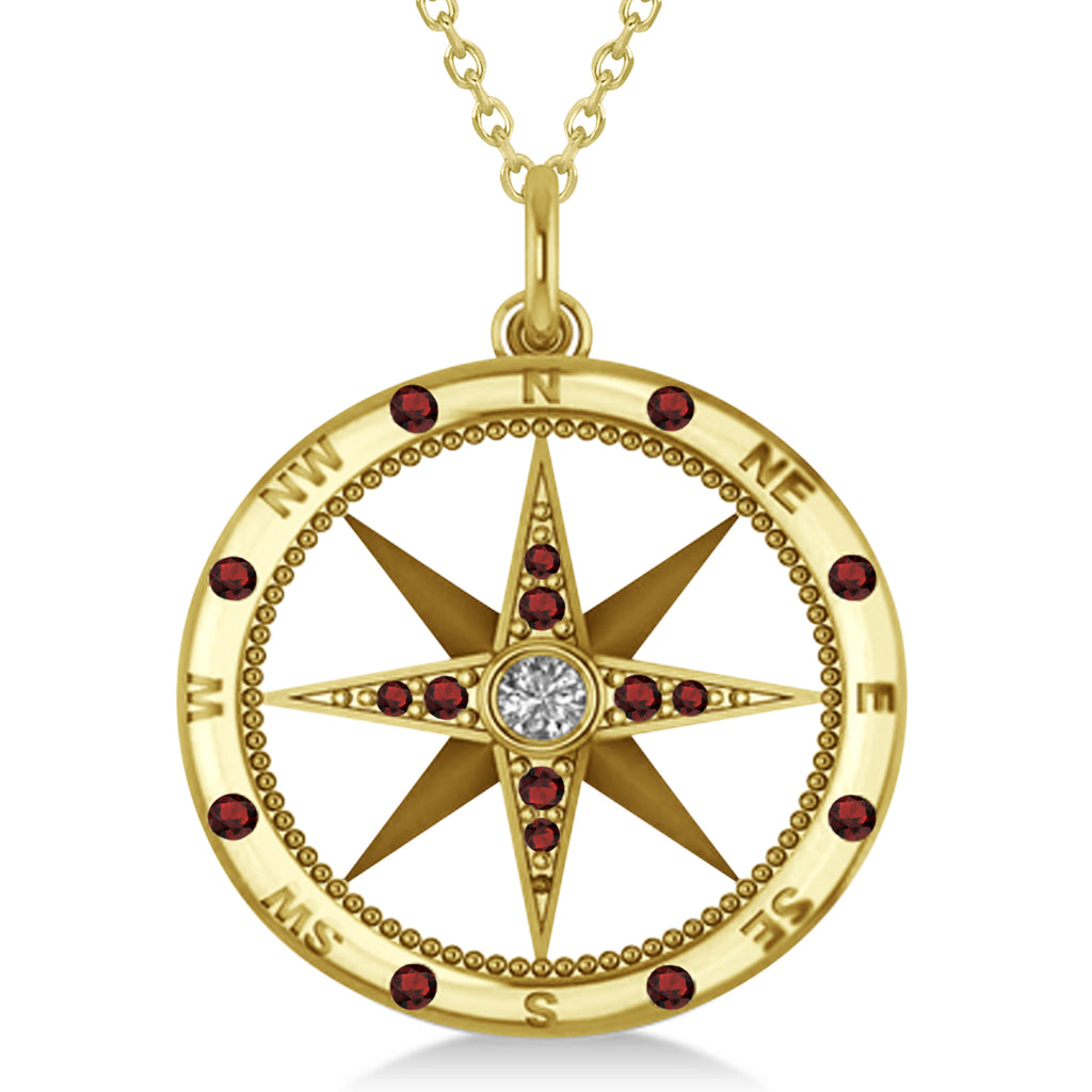 Compass Pendant For Men Garnet & Diamond Accented 14k Yellow Gold (0.45ct)