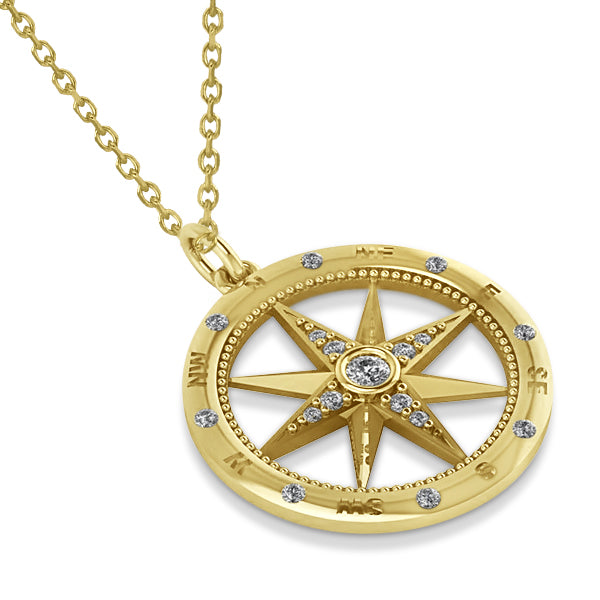 Compass Necklace Pendant For Men Lab Diamond Accented 14k Yellow Gold (0.45ct)