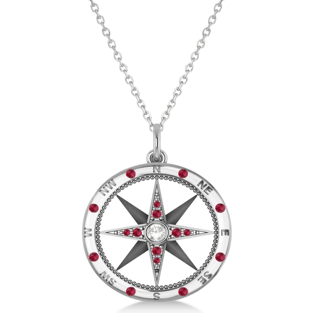 Compass Pendant For Men Ruby & Diamond Accented 14k White Gold (0.45ct)