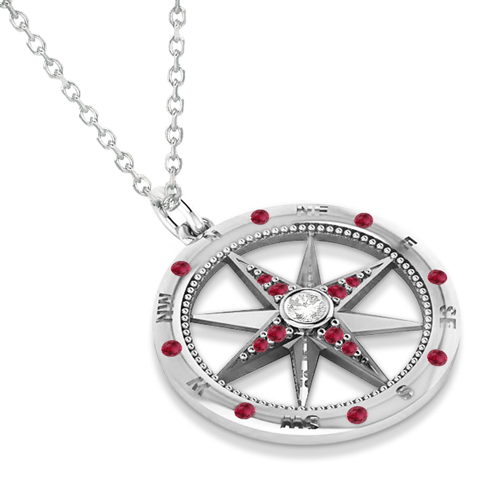 Compass Pendant For Men Ruby & Diamond Accented 14k White Gold (0.45ct)
