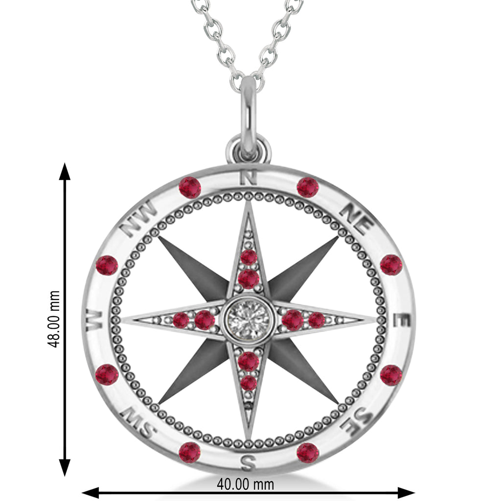 Compass Pendant For Men Ruby & Diamond Accented 14k White Gold (0.45ct)