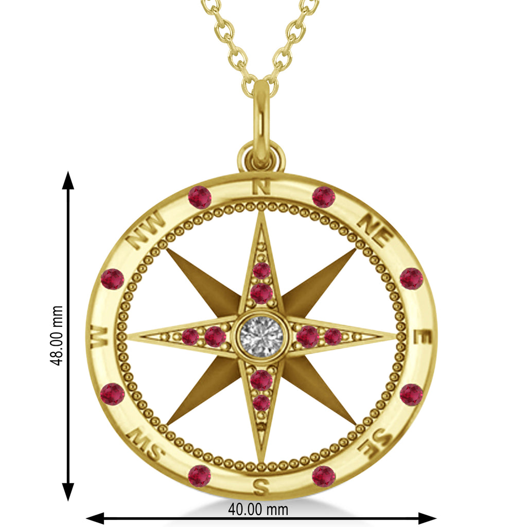 Compass Pendant For Men Ruby & Diamond Accented 14k Yellow Gold (0.45ct)