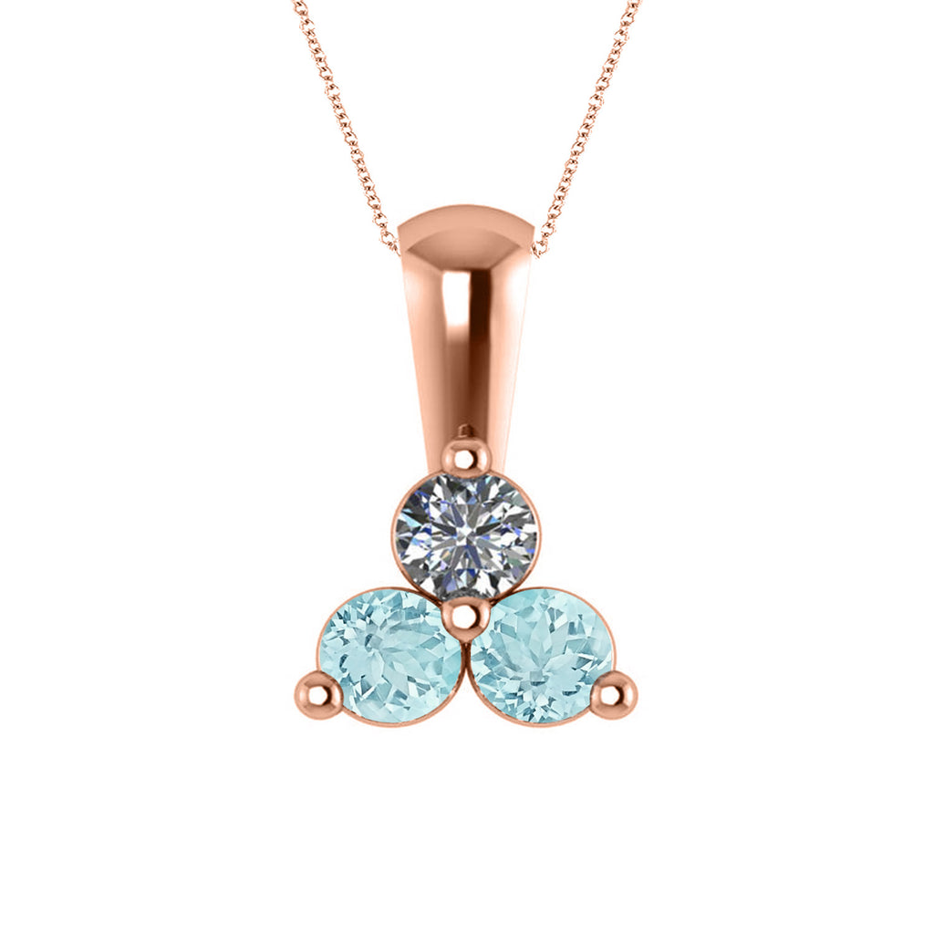 Three Stone Diamond & Aquamarine Pendant Necklace 14k Rose Gold (0.50ct)