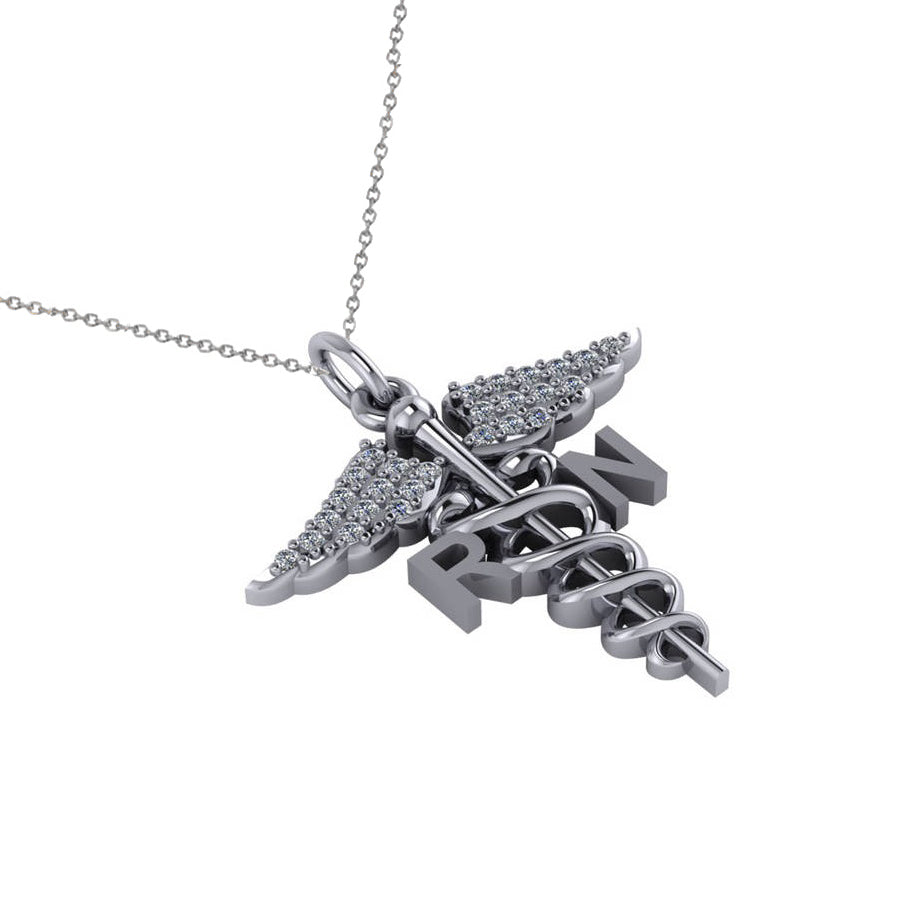Diamond Caduceus RN Medical Symbol Pendant 14k White Gold (0.13ct)