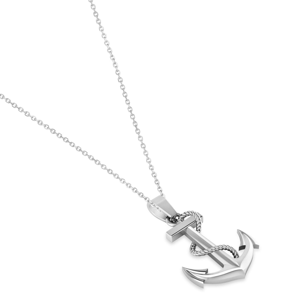Men's Anchor Pendant Necklace Rope Design 14k White Gold