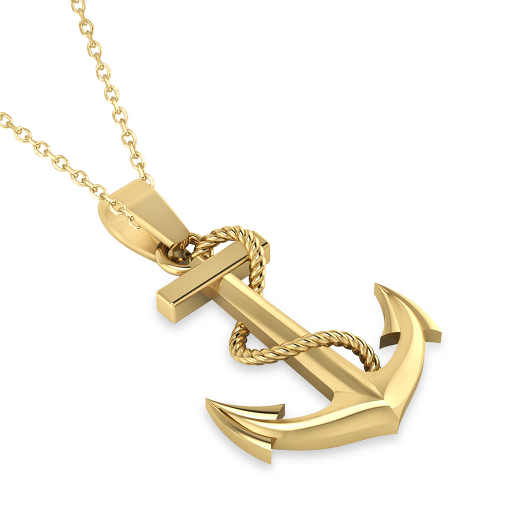 Men's Anchor Pendant Necklace Rope Design 14k Yellow Gold Necklace
