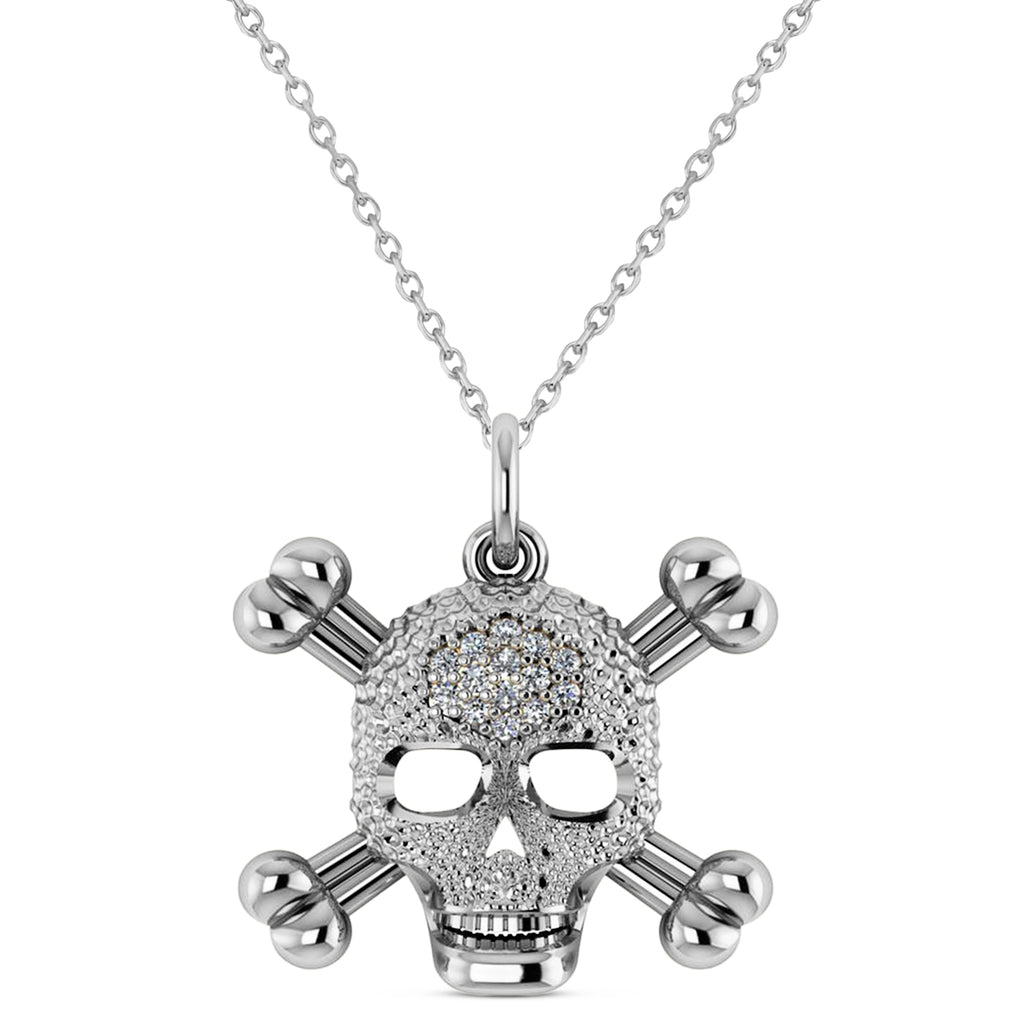 Diamond Skull Charm Pendant Necklace 14K White Gold (0.14ct)