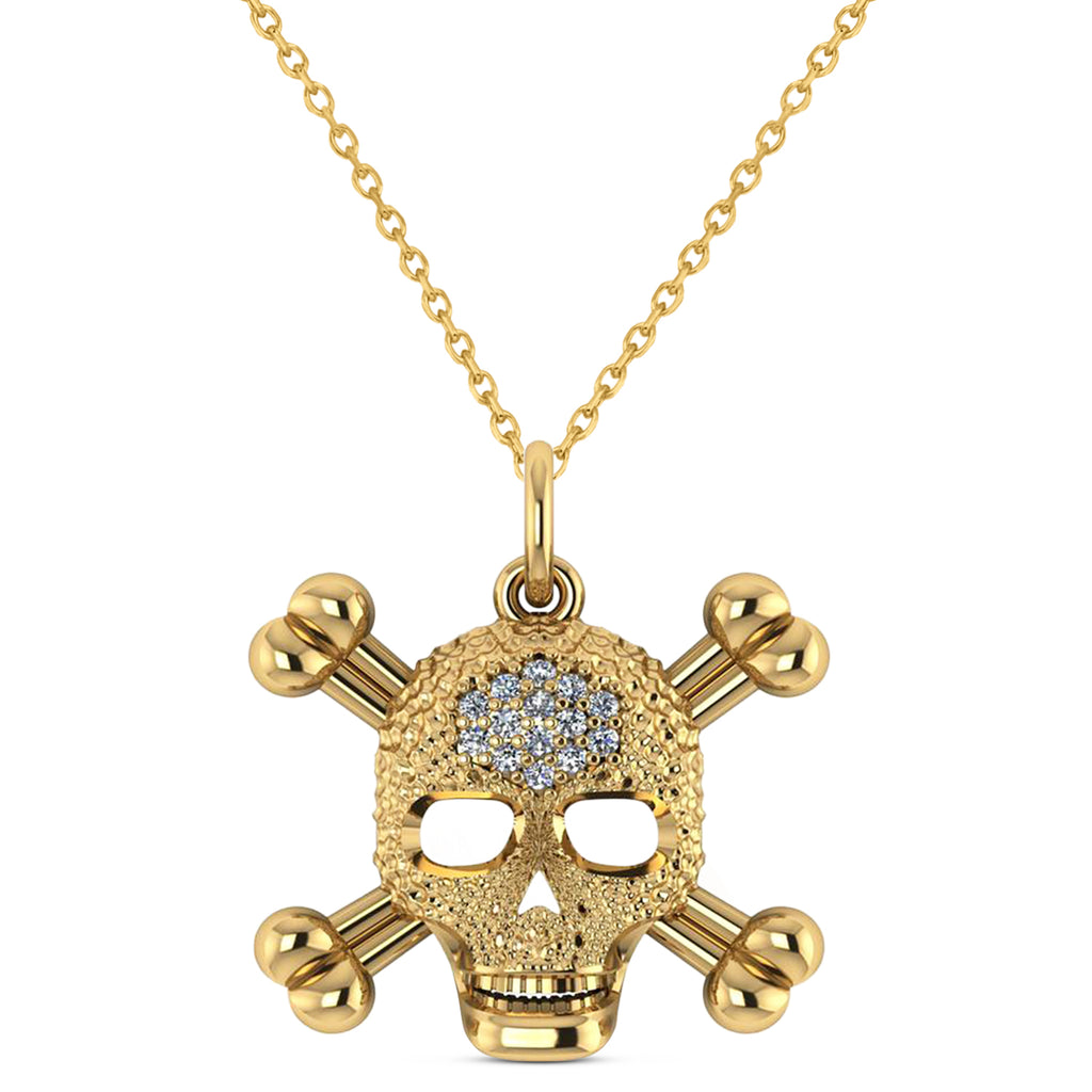 Diamond Skull Charm Pendant Necklace 14K Yellow Gold (0.14ct)