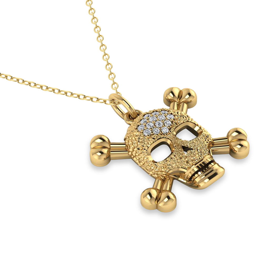 Diamond Skull Charm Pendant Necklace 14K Yellow Gold (0.14ct)