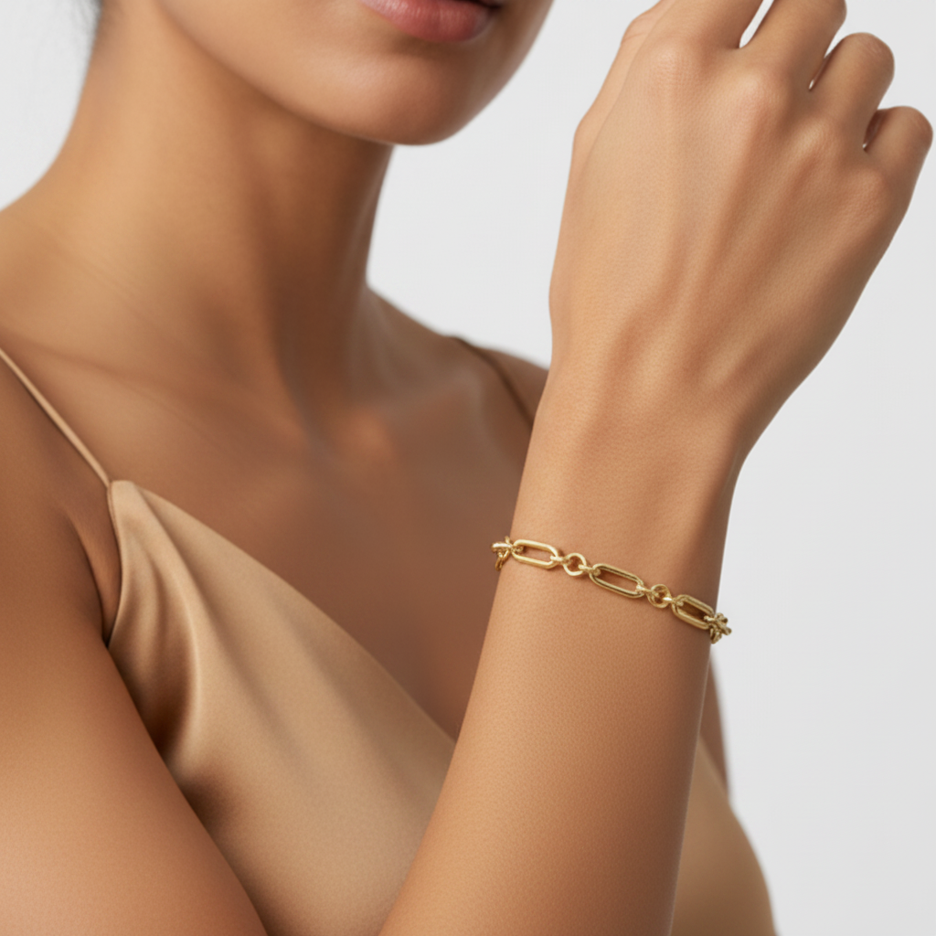 Paper Clip Round Link Chain Bracelet 14K Yellow Gold