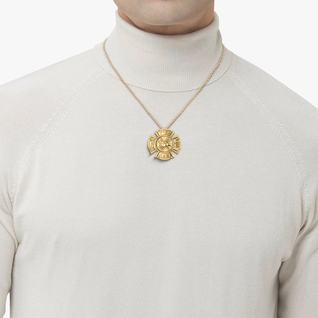 Fire Department Badge Pendant Necklace 14k Yellow Gold