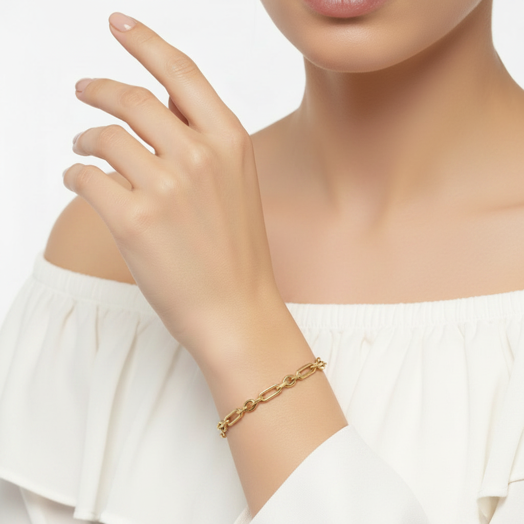 Paper Clip Oval Link Chain Bracelet 14K Yellow Gold