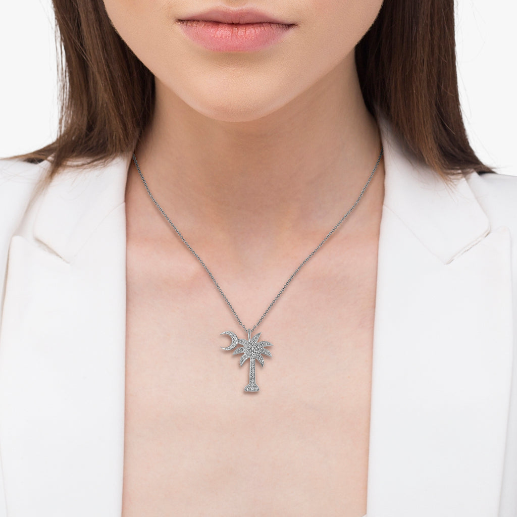 Palmetto & Crescent Moon Pendant Necklace 14k White Gold (0.81ct)