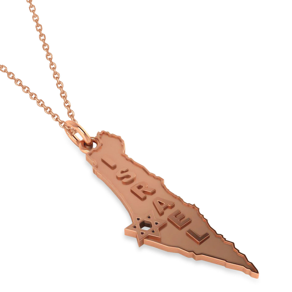 Israel Map Pendant Necklace with Jewish Star 14K Rose Gold