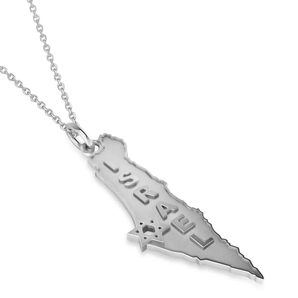Israel Map Pendant Necklace with Jewish Star 14K White Gold