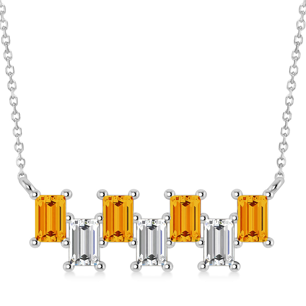 Bar Citrine & Diamond Baguette Necklace 14k White Gold (2.30 ctw)