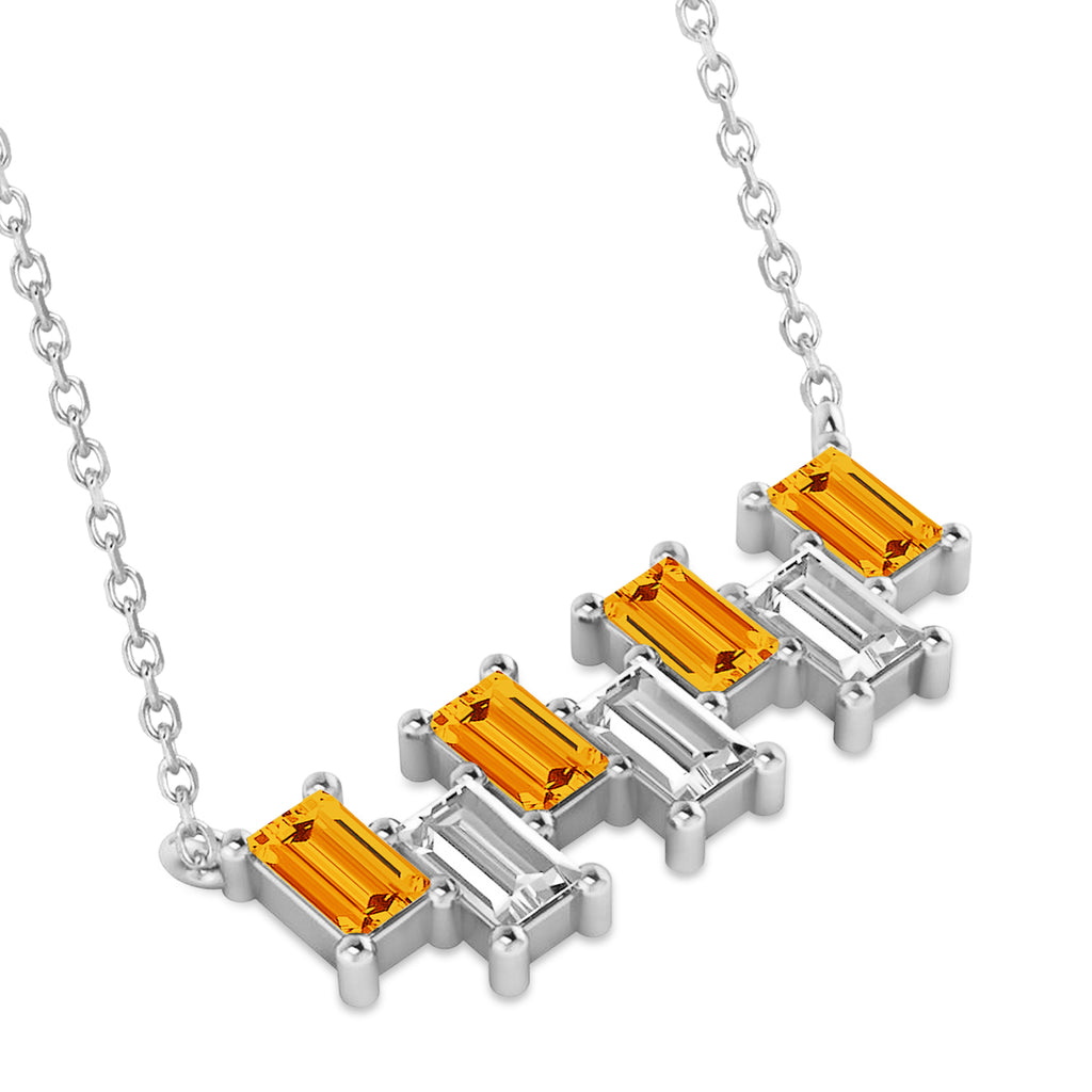 Bar Citrine & Diamond Baguette Necklace 14k White Gold (2.30 ctw)