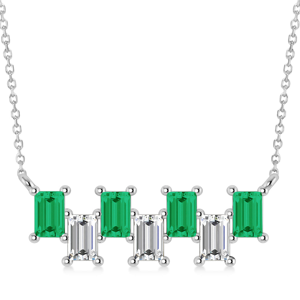 Bar Emerald & Diamond Baguette Necklace 14k White Gold (2.10 ctw)